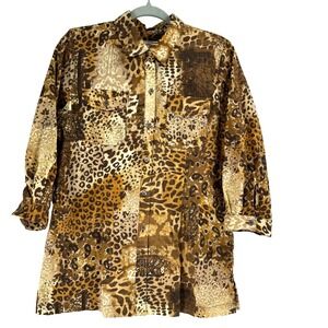 Caribbean Joe Leopard Print Button-Up Shirt Women's Medium Brown Patchwork Top